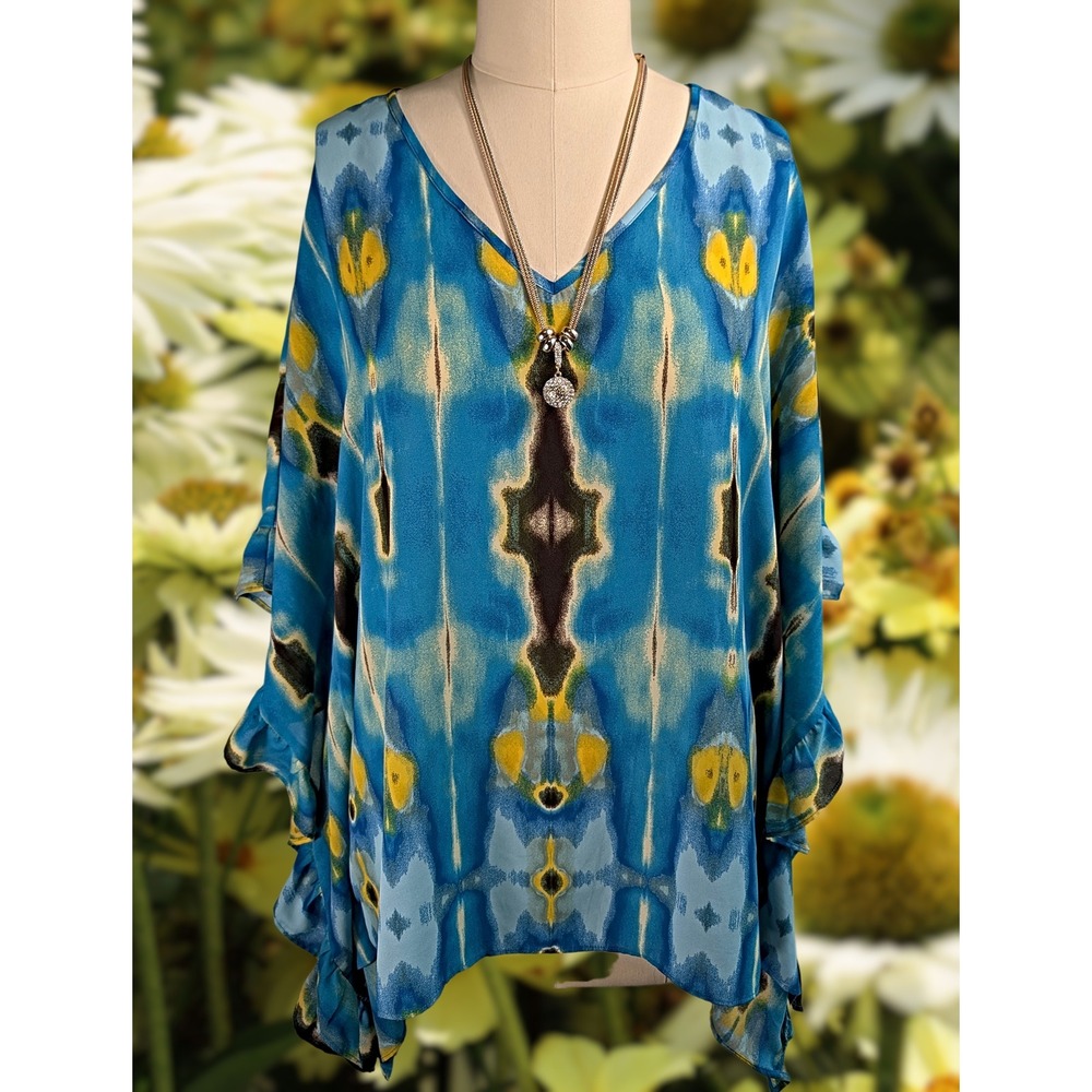 Ashley Stewart 18/20 Blue Kaleidoscope Ruffle Sleeve Kaftan Top